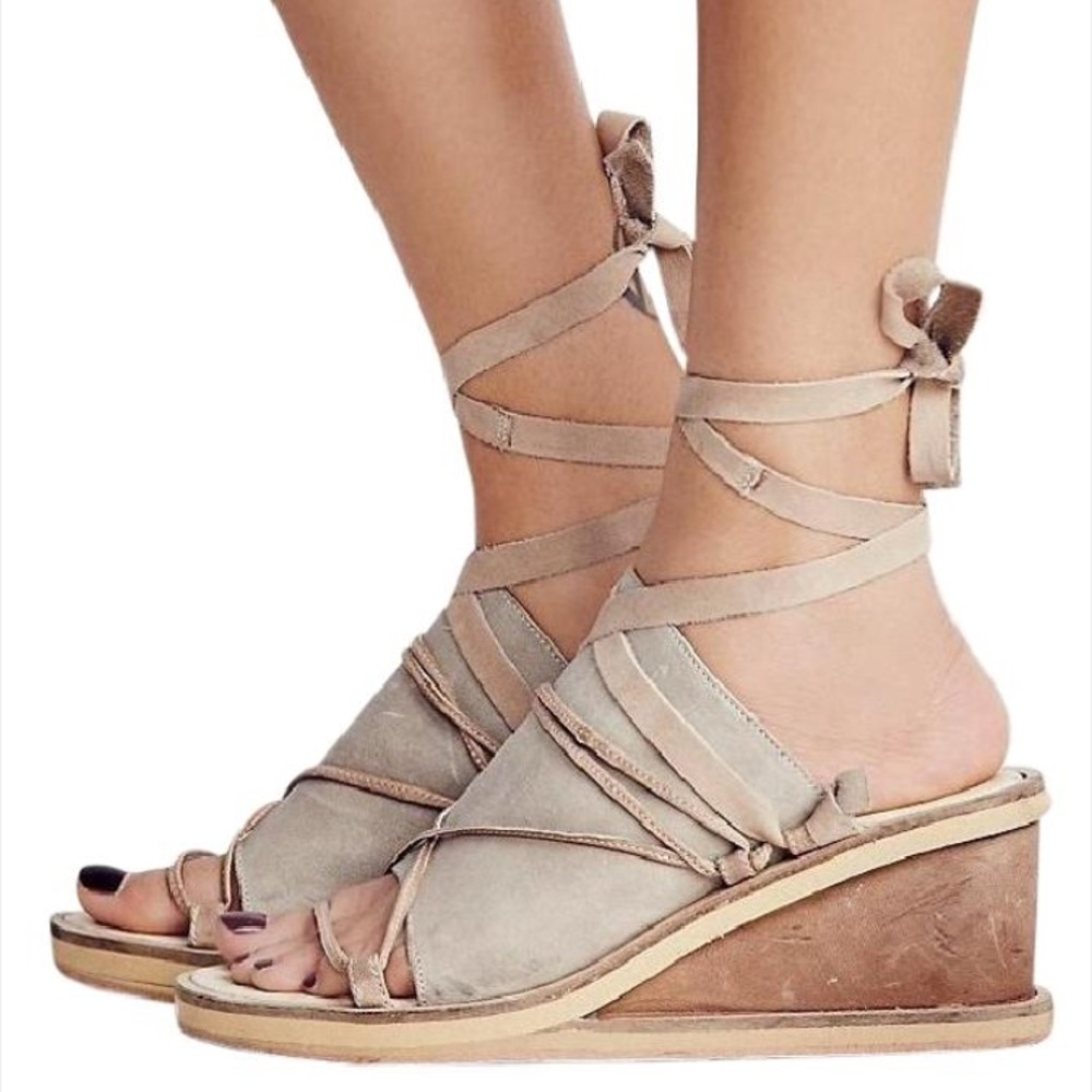 Free People Beige Tan Suede Wrap Wedge Sandals